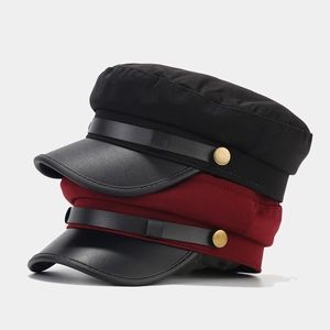 Vintage flat top navy hats in black and burgundy with faux leather brim and metal button