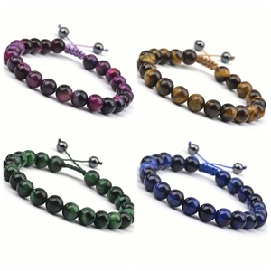 Natural Gemstone Beaded Bracelet Tiger Eye Agate Adjustable Braided Rope Hand Woven Boho Jewelry For Men Women