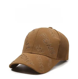 Detail of a brown mesh baseball cap featuring rhinestones spelling FDMY on the crown
