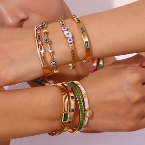18K gold plated stainless steel bead bracelets with evil eye and emerald zircon stones