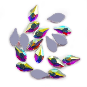 Macro detail of tear drop AB crystal rhinestones with faceted surface and flat back
