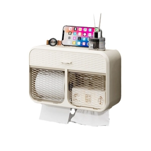 Wall-mounted cream toilet paper holder with top shelf and dual paper outlets