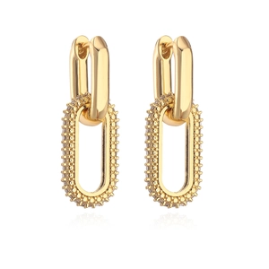 Boucles d'oreilles doubles anneaux dorés avec pendentif ovale pavé de cristaux