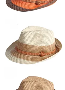 Detailed weave texture of beige and khaki foldable straw fedoras with braided trim
