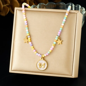 Collier Perles Colorées Acier Inoxydable Pendentif Papillon Charmes Étoile Style Bohème Doux Dopamine Bijoux Femmes