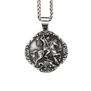 Vintage stainless steel St. George dragon slayer pendant with polished silver finish