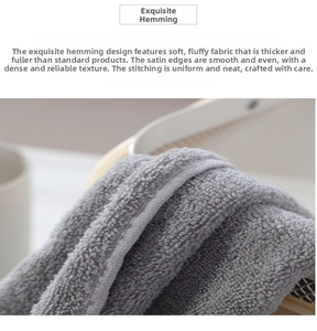 Macro shot of grey cotton towel showing high-density loops and reinforced hemmed edges