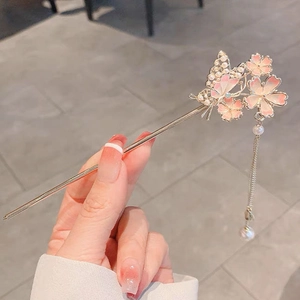 Pink enamel cherry blossom and butterfly hair stick with elegant pearl tassels