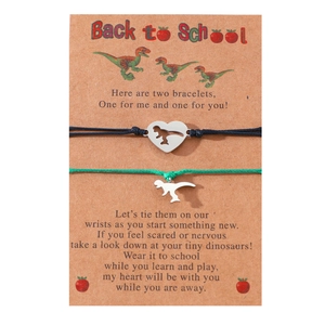 Two dinosaur heart charm bracelets with Back to School message card for mother and daughter