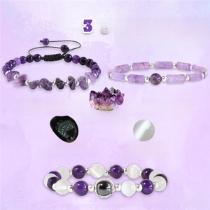 Detail of natural amethyst, hematite, and moonstone beaded bracelets with 100% natural stones