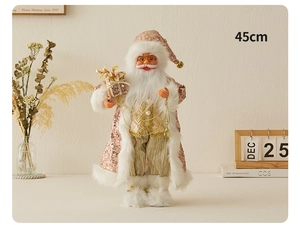 Detail of 45cm rose gold Santa Claus doll with sequined fabric and faux fur texture