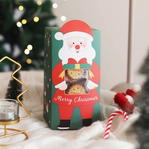 Christmas themed green square gift box with Santa window on cozy white knit background