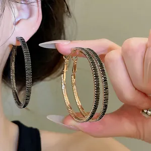 Large Round Hoop Earrings Black Baguette Zircon Pave Copper Luxury Fashion Jewelry For Women Silver Earring Post