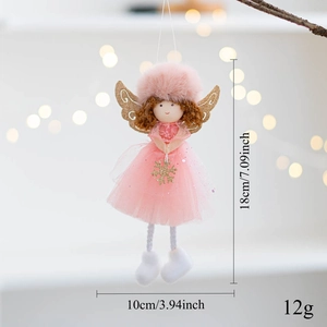 Pink plush angel Christmas ornament with tulle skirt and golden wings, dimensions 18x10cm