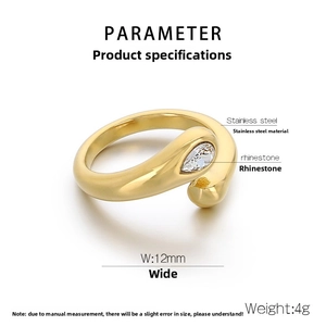 Detail view of 12mm stainless steel snake ring with drop-shaped rhinestone inlay