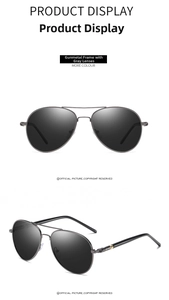 Detail view of aviator polarized sunglasses with gunmetal frames and gray lenses