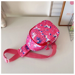 Detailed view of pink unicorn kids waist bag featuring durable nylon and adjustable strap