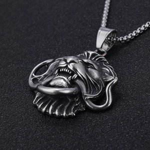 Retro silver lion head pendant necklace with ring detail and stainless steel chain