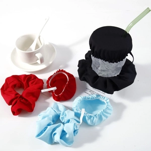 5-piece drink cover scrunchie set in red, black, and blue fabric for cup protection