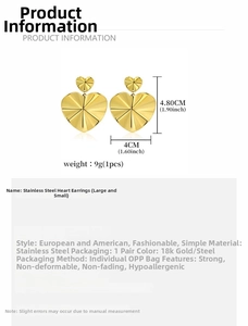 Detailed view of large stainless steel double heart earrings with size measurements