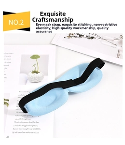 Detail view of smooth stitching and black elastic strap on the blue 3D sleep eye mask