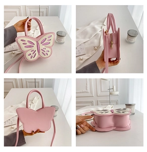 Detail shots of pink butterfly crossbody bag with glitter wings and golden zipper