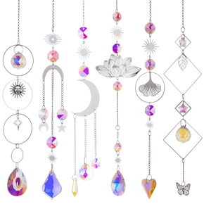 Set of 7 silver lotus moon sun crystal suncatchers with iridescent prisms for windows