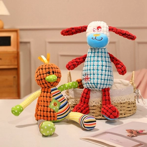 Plush duck and puppy dolls in assorted fabrics and vibrant patterns for children
