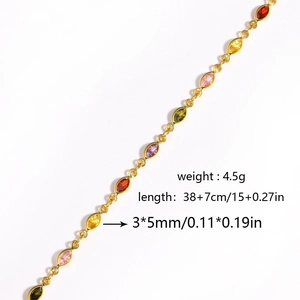 Detail view of 18K gold plated copper necklace with multi-colored marquise cut stones