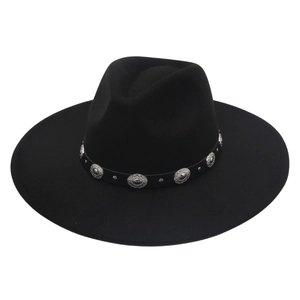Detail view of wide brim black felt fedora hat featuring silver embossed metal accents
