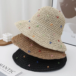 Women's wide-brim straw fisherman hats with colorful cross-stitch embroidery in three colors
