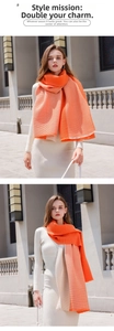 Close-up of bright orange knitted cashmere-like shawl with vertical stripe texture
