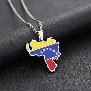 Venezuela flag map pendant necklace in polished stainless steel with yellow blue and red colors
