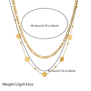 Double-layer gold plated stainless steel necklace with flower pendant and Figaro chain