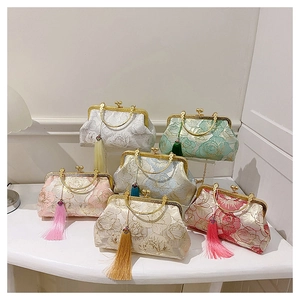 Elegant Chinese peony embroidery silk shell bags with tassels and metal chains in six colors