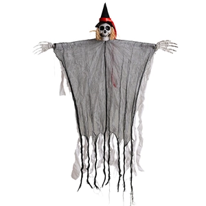 Hanging Halloween skeleton ghost with black wizard hat and tattered gauze shroud decor