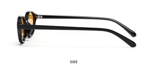 Side view of trendy oval sunglasses with black frames and orange lenses