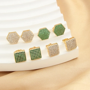 Geometric Hexagon Square Stud Earrings Copper 18K Gold Plated Inlaid Zirconia With 925 Sterling Silver Post For Women Jewelry