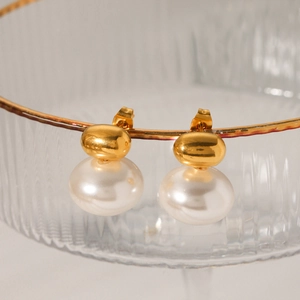 French retro style stainless steel earrings with gold metal beads and large white pearls