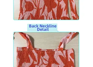 Detail of smocking elastic fabric with floral print and adjustable shoulder straps