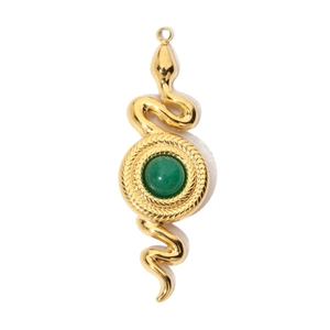 Detailed view of a gold snake pendant featuring a polished green gemstone inlay