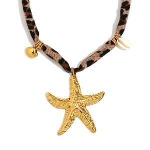 18K gold plated stainless steel leopard print necklace with large textured starfish charm