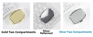 Portable metal mini pill cases in gold and silver finishes with two-compartment dividers