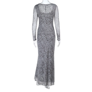 Rear view of slim fit gray polka dot long dress with sheer mesh texture and long sleeves
