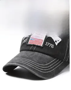 Macro detail of washed cotton baseball cap with embroidered US flag and EST 1776 lettering