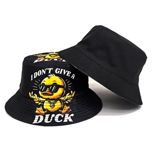 Black bucket hat with cartoon duck and I Don't Give A Duck print for sun protection