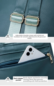 Detail of adjustable straps and back anti-theft zipper pocket on textured leather backpack