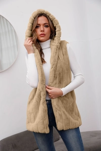 Detail view of the khaki faux fur hooded vest with a long open-front design