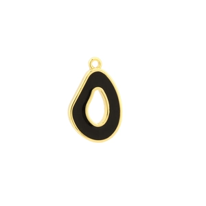 Detail of a black enamel evil eye teardrop pendant with gold-plated metal border