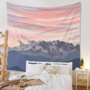 Detail of oil painting style tapestry with pink mountain landscape in a cozy bedroom